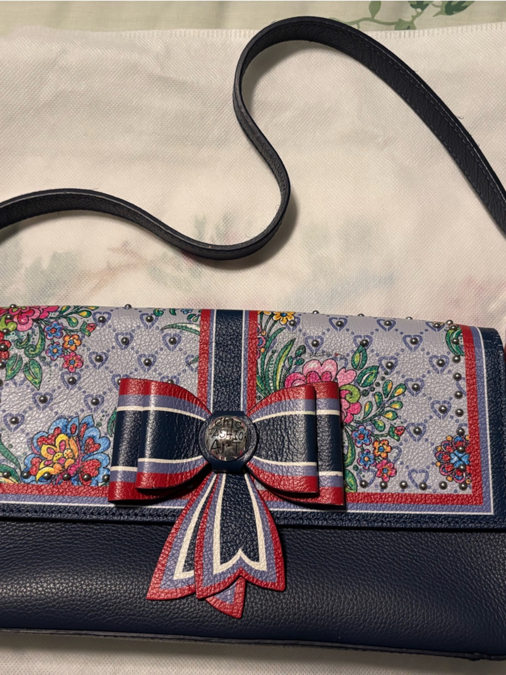 Brighton Lux Baguette Navy Floral Bow Shoulder Bag with Red & White Trim